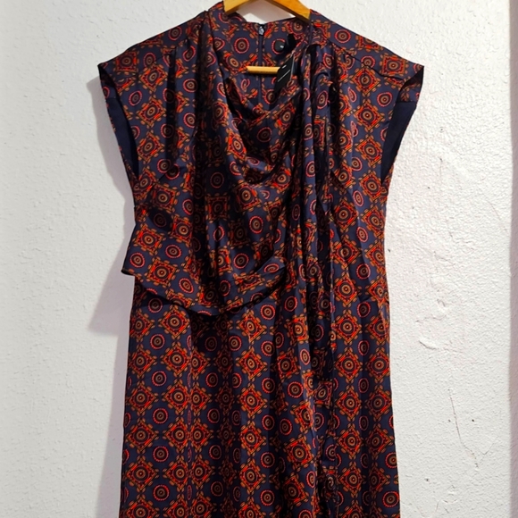 Club Monaco Designer Drape Neck Robe Dress Scarf Dress Blue Mix Slip S 4 NWT - Picture 1 of 12